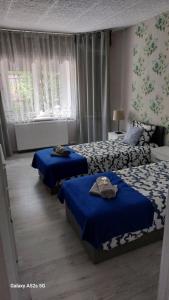 1 dormitorio con 2 camas y sábanas azules en Apartament 42C en Ciechocinek