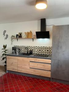 una cucina con un lavello e un piano di lavoro di Up Wuljke19 neu renovierte Unterkunft inkl.PKW Stellplatz a Emden Altre 34 foto