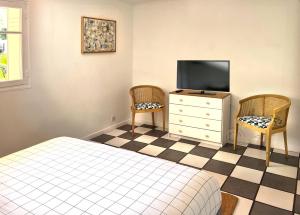 1 Schlafzimmer mit einem Bett, einem TV und 2 Stühlen in der Unterkunft VILLA ARVOR CANNES Appartement indépendant en bas de maison in Cannes