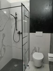 a bathroom with a toilet and a glass shower at Casaitalia in Capilungo