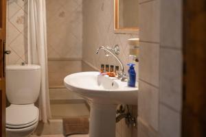 ein Badezimmer mit einem weißen Waschbecken und einem WC in der Unterkunft Agapi's Charming Retreat - Rustic Escape By Chania in Maláxa
