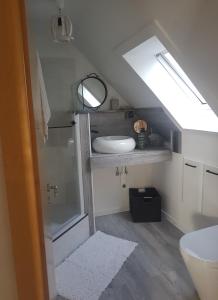 a bathroom with a sink and a toilet and a window at 1 Zimmer Appartement mit Bad in Königsbrunn