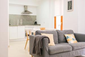 sala de estar con sofá gris y cocina en Ca lEudald 1 Descubre Besalú en familia, en Besalú