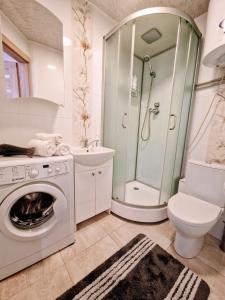 a bathroom with a washing machine and a shower at Butas šalia parko in Radviliškis +14 photos