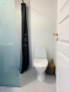 a bathroom with a toilet and a black shower curtain at 5 minute walk to LEGO house - 50m2 cozy apartment- D unit in Billund +27 photos