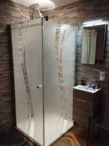 W łazience znajduje się szklana kabina prysznicowa i umywalka. w obiekcie Village Naturiste Cap d'Agde Luvitere w Cap d'Agde