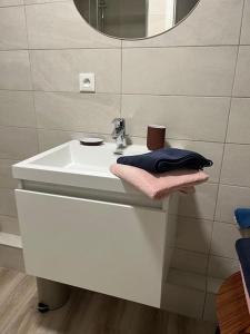 a bathroom with a sink and a mirror at Chez Mat - 4 pers - Proche Obernai in Bernardswiller