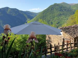 a white umbrella with flowers in front of a mountain at Casa Piccola, Case di Zali in Falmenta