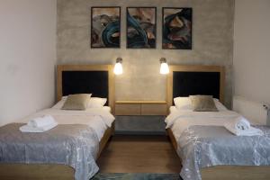 duas camas num quarto com pinturas na parede em Apartments Marina em Apatin