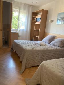 a bedroom with two beds and a window at Hôtel Le Gambetta in Vias