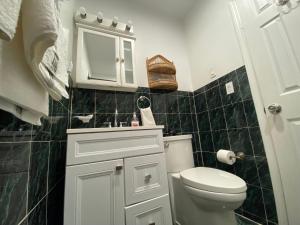 a bathroom with a toilet and a sink and a cabinet at Harmony place to stay close to all fun in Jersey at 15 minutes to NY City in North Bergen