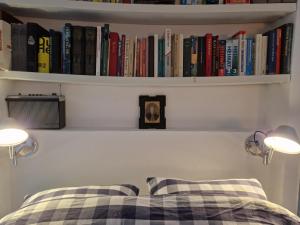 een slaapkamer met een bed met boeken op een plank bij Pantheos Top Houseboat in Amsterdam