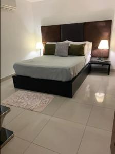 ein Schlafzimmer mit einem Bett, zwei Lampen und einem Teppich in der Unterkunft Moderno practico y tranquilo in Santo Domingo