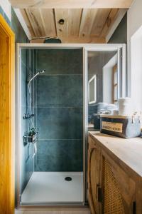 eine Dusche mit Glastür im Bad in der Unterkunft Urlaub im Kellerstöckl Dunst in Strem