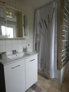 モースブルクにあるNähe München - hell, zentral, ruhig, flughafennahの洗面台とシャワーカーテン付きのバスルーム +6枚の写真