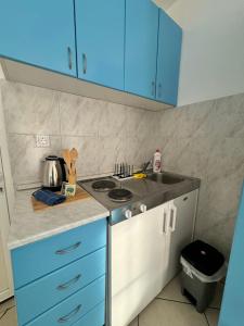 una cocina con armarios azules y fregadero en Prijevor Apartments, en Budva