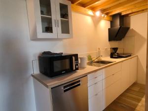 a small kitchen with a microwave and a sink at Holzgebäude in Ebersbach an der Fils