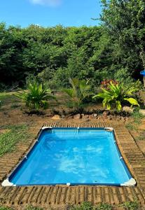 a large blue swimming pool sitting on top of a yard at Mazi Vuwu Ponta Malongane in Ponta do Ouro
