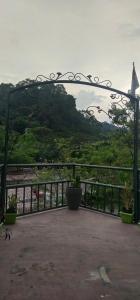 a balcony with a view of a mountain at 3 branch river in Bukit Lawang