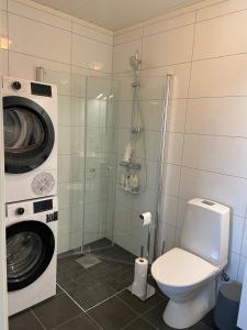 ein Badezimmer mit einer Waschmaschine und einem WC in der Unterkunft Voss Resort Bavallstunet in Skulestadmo