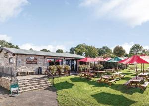 een restaurant met tafels en parasols in het gras bij Bucklegrove Holiday Park in Rodney Stoke