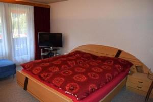 um quarto com uma cama com um cobertor vermelho em Haus Ahorni, ruhige 1 Zi-Wohnung, Wi-Fi, Aussicht, - b48579 em Beatenberg