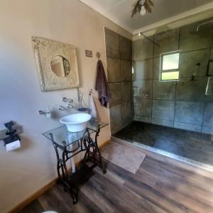 uma casa de banho com um lavatório e um chuveiro em The Fat Mulberry Guest Farm em Fouriesburg