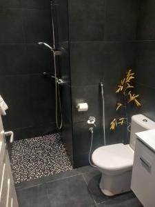 La salle de bains noire est pourvue d'une douche et de toilettes. dans l'établissement Studio "11"near Monaco, à Beausoleil