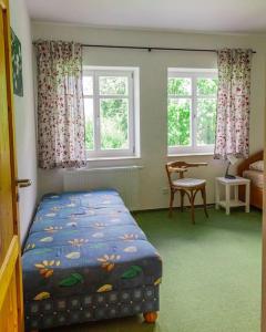 a bedroom with a bed and a table and two windows at Ferienwohnung SandSteinLand in Reinhardtsdorf