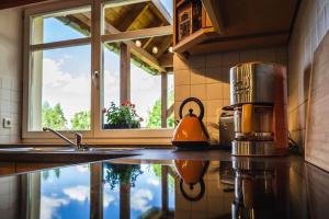 a kitchen with a coffee maker on a counter at Ferienwohnung SandSteinLand in Reinhardtsdorf