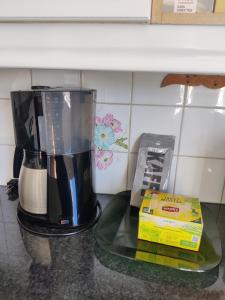 a blender on a counter next to a box of milk at FeelHome 4 bedrooms apartment Polarvegen in Tromsø