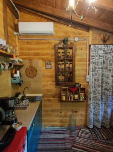 パヴリアニにあるRVillaの木製の壁、シンク、コンロ付きのキッチン