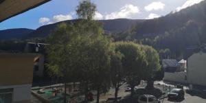 a tree in a town with a mountain in the background at Bel Appt Plein Coeur de Saint Lary Soulan in Saint-Lary-Soulan