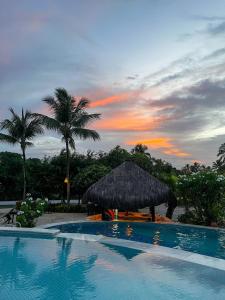 uma piscina com uma cabana de palha e palmeiras em Hotel Tibau Lagoa em Pipa