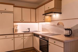 eine Küche mit weißen Schränken und einem Waschbecken in der Unterkunft Gästehaus Wötzer und Landhaus Stocka in Grän