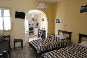 a living room with two beds and a kitchen at Panormos Apartments in Panormos