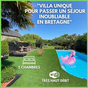 a flyer for a house with a swimming pool and a pink swan at VILLA KER BLEUENN * 10 PERSONNES * PISCINE * SAUNA in La Fresnais