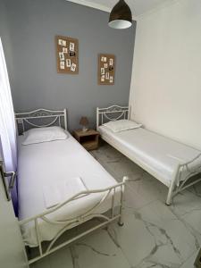 two twin beds in a room with a wall at Antonis apartment in Paralia Dionysiou