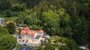 uma vista aérea de uma grande casa na floresta em Boutique Hotel SwissHouse em Mariánské Lázně