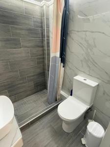 a bathroom with a toilet and a shower at Antonis apartment in Paralia Dionysiou