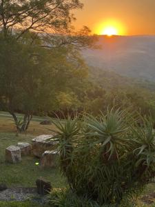 a sunset over a field with trees and plants at Wide Horizons Mountain Retreat in Malkerns