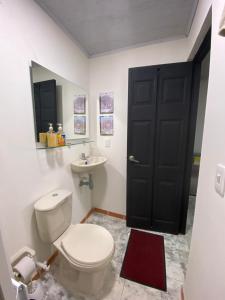 ein Bad mit einem WC, einem Waschbecken und einer schwarzen Tür in der Unterkunft Green Apartment el prado in Girón