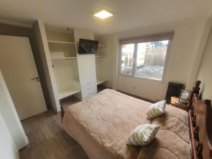 une chambre avec un lit, une télévision et une fenêtre dans l'établissement Mantra, à San Carlos de Bariloche