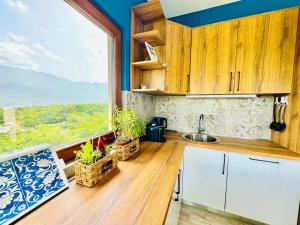een keuken met een wastafel en een groot raam bij Boka horizont in Kotor