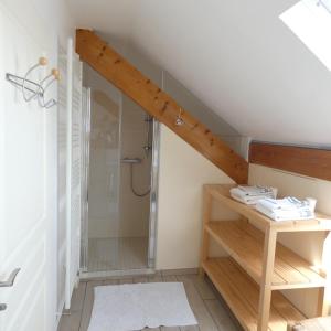 a bathroom with a shower and a staircase at les iris in Villevieux +14 photos