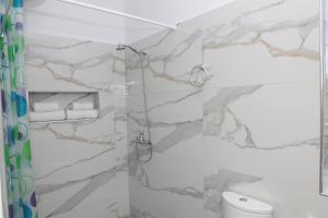 a bathroom with a shower with a stone wall at Villa Xherimeja Family Oasis in Berat +28 photos