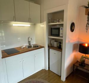 a small kitchen with a sink and a microwave at Studio plage de Capbreton avec terrasse in Capbreton