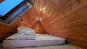 a small bed in a wooden room with a window at Ferienwohnung zum Holzwurm in Friedersdorf