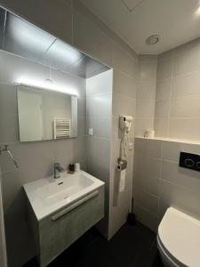 a bathroom with a sink and a mirror and a toilet at Hotel Flots d'Azur in Nice