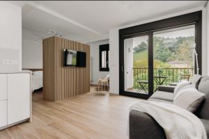 uma sala de estar com um sofá, uma cama e uma televisão em Apartamento turístico Legate em Elizondo